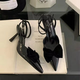 Bonnyshow  new package head sandals female red pointed bow high heels a word with buckle fine heel elegant single shoes