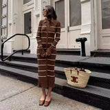 Bonnyshow Brown Striped Knitted Dress Women Elegant Long Sleeve Slim Maxi Sweater Dresses Autumn Winter Causal Basic Warm Party Dress 2024