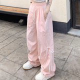 Bonnyshow Y2k Oversized Striped Cargo Pants Women Harajuku Casual Sweet Bow Baggy Summer Wide Leg Thin Trousers America Style Street