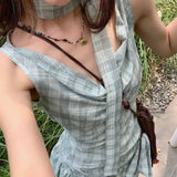 Bonnyshow  Fashionable Irregular Mini Dress Female Clothing Plaid Summer New Swinging Collar Drawstring Hotsweet Sleeveless Vintage Dresses