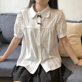 Bonnyshow Kawaii White Lolita Lace Blouse Women Gothic Preppy Style Vintage Peter Pan Collar Short Sleeve Shirt Girl Summer Cute Top Mujer