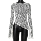 Bonnyshow Sheer Lace Asymmetric Top Women Crew Neck Flare Long Sleeve Slim Solid Sexy See Through T-shirt Autumn New Tees