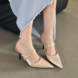 Bonnyshow  Satin Button Pointed Toe Mules Pumps Women Slipper Fashion Shallow Thin High Heels Ladies Shoes