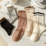 Bonnyshow 5 Pair/Set Blue Letter Stripe Socks for Women Korean Cotton Middle Tube Sock Spring Autumn Casual Sport Socks Calcetines 양말