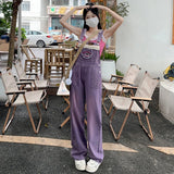 Bonnyshow Y2k Purple Retro Overalls Baggy Jeans For Women's Fashion Summer Casual Female Romper Jumpsuit Denim Trousers Loose Pants Korean