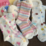 Bonnyshow Rainbow Striped Socks Women Korean Y2K Girls Pink Rabbit Print Sock Autumn Winter Warm Mink Plush Female Floor Socks