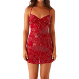 Bonnyshow  Women s Sequin Floral Embroidered Sleeveless Mini Dress with Cross Back Spaghetti Straps for Summer Beach Party