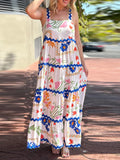 Bonnyshow  Women s Sleeveless Maxi Dress with V-Neckline and Ruffle Detailing Elegant Floral Print Summer Beach Dress