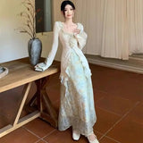 Bonnyshow  Two-Piece Set Gentle Lotus Leaf Design Niche Long-Sleeved Shirt Top Floral Skirt Spring Autumn New Waist-Hugging Slimming Suit