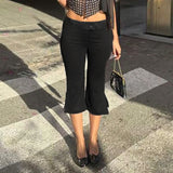Bonnyshow  Women Casual Slit Middle Pants Black Fashion High Street Basic Capri Pants Summer Y2K Slim Fit Trousers Minimalist