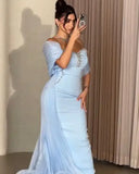 Bonnyshow Eye Catching Sky Blue Beaded Long Evening Dresses With Floral Cape Jacket 2 Pieces Formal Party Dress