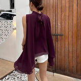 Bonnyshow  Summer French Pleated V-Neck Sleeveless Shirt With Hanging Tops Korean Fashion Elegant Solid Blouse Stylish Casual Party Shirt