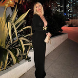 Bonnyshow Elegant Deep-V Black Maxi Dress With Gold Metal Decorated Long Sleeve Bodycon Evening Party Cocktail Gown