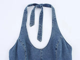 Bonnyshow  Sexy Backless Halter Denim Jumpsuit Women High Street Summer Romper Short Playsuit