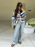 Bonnyshow  Fashion Women's Colour Matching Cardigan Button O-Neck Long Sleeve Lady Top 2025 Summer Autumn Casual Female Street Outwear
