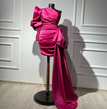 Bonnyshow Fuchsia One Shoulder Crystal Embellished Mini Dresses With Side Bow Overlay Real Image Puff Sleeves Formal Party Dress