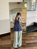 Bonnyshow  French Blue Floral Neck Sling Women'S Fashion Backless V-Neck Vacation Leisure Mid Length Hanging Neck Dress New