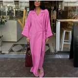Bonnyshow  Casual Solid Women Long Dresses Chic Lace Up Turn-down Collar Split Full Sleeve Female Dress 2025 Summer Elegant Lady Vestidos