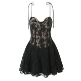 Bonnyshow  European And American Style Summer Women's Mini Dress Lace Patchwork Waist Suspender Dress
