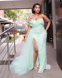 Bonnyshow Luxury Sparkle Beaded Lace Split Long Evening Dresses With Overlay  Pretty Mint Green Sexy African Maxi Dresses Aso Ebi Gowns