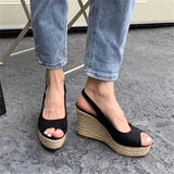 Bonnyshow  Summer Peep Toe Buckle Strap Women Slippers Fashion Solid Platform Wedges Heels Rattan Weave Sandals Shoes