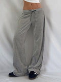 Bonnyshow  Grey Loose Straight Sweatpants Streetwear y2k Lace-up Low Rise Side Striped Stitching Casual Pants Women Harajuku Capris