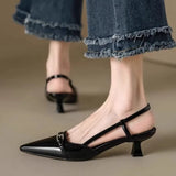 Bonnyshow  New Summer French Wine Red Pointed Patent Leather Mid-heel Overhead Sandals for Women Retro Skinny Heel Back Empty Shoes