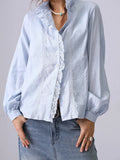 Bonnyshow  Solid Embroidery Cotton Blouse Women Lace Trim Stand Collar Single Breasted Long Sleeve Blouses Simple Casual Fashion Shirt Tops