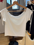 Bonnyshow Lace-up Bow White Cropped T-shirt Woman Summer Slash Neck Short Sleeve Cotton Crop Top Casual Simple Sweet Cute Y2k Tee Tops