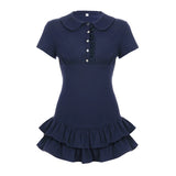 Bonnyshow  Preppy Style Women Layered Mini Dress Turndown Collar Buttons Short Sleeve Shirt Dresses Casual Dark Blue Streetwear