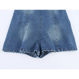 Bonnyshow  Sexy Backless Halter Denim Jumpsuit Women High Street Summer Romper Short Playsuit