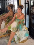 Bonnyshow  Printed Hollow Women's Long Dress Sexy Halter Lace Up Sleevesles Backless Bodycon Dressess Female 2025 Summer Lady Beach Robes