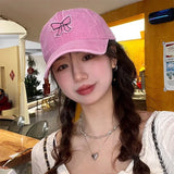 Bonnyshow Vintage Denim Bow Baseball Cap Korean Black Pink Y2k Fashions Baseball Cap Summer Sun Protection Beach Hat Japanese Women Hat