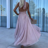 Bonnyshow  Summer Solid Color Halter Lace-up Dress Elegant Backless High Waist Hem Long Party Dress Lady Sleeveless Mesh Pleated Boho Dress