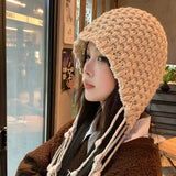 Bonnyshow Korean Wool Tassel Knitted Hat for Women Winter Warm Ear Protection Cap Sweet Solid Color Female Pullover Hats Gorros