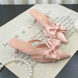 Bonnyshow  Bow Heeled Slippers Women's Pointed Toe Sandals Elegant Mules Shoes 2025 Summer Party Pumps Flip Flops Dress Sandalias De Mujer