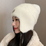 Bonnyshow Winter Knit Wool Ear Protection Hats for Women Warm Thicken Plush Lining Beanie Cap with Earflap Outdoor Female Earmuff Hats