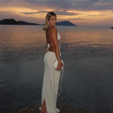 Bonnyshow White Knitted Sexy Two Piece Set for Women Vacation Outfits Floral-applique Bikini Top And Long Skirt Sets