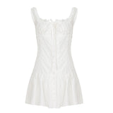 Bonnyshow  Embroidery Solid French Elegant Dress Sexy Hook Bodycon Vintage Sleeveless Clothings Elastic Chic Vacation Outfits