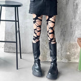 Bonnyshow Women Punk Fishnet Pantyhose Women Sexy Fishnet Stocking Gothic Irregular Hole Tight Y2k Ragged Pantyhose Girl Party Accessories