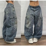 Bonnyshow Street Vintage Jeans New Y2K Harajuku Wash blue Multiple pockets Baggy Jeans Denim Pants Mens Womens High Waist Wide Trousers