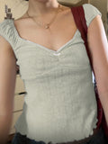 Bonnyshow  Basic V-neck Bow Sleeveless T-shirt Summer Solid Crop Shirring Backless Top Ruffles Chic All-match Slim Outfits