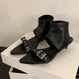 Bonnyshow  Fashion Pointed Toe Metal Buckle Brand Modern Boots Women Sexy Open Toe Kitten Heel Design Summer Boots Elegant Women Ankle Boot