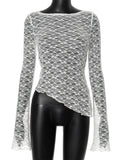 Bonnyshow Sheer Lace Asymmetric Top Women Crew Neck Flare Long Sleeve Slim Solid Sexy See Through T-shirt Autumn New Tees