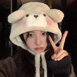Bonnyshow Winter Plush Hat for Women Cute Cartoon Bear Ears Female Windproof Cap Solid Color Warm Lamb Fleece Ear Protection Hats