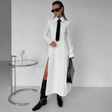 Bonnyshow Women's Early Spring New Style College Style Lapel Long Sleeve Slit Dress Tie Long Skirt Club Clothing Vestidos