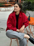 Bonnyshow  Vintage Red Women's Bomber Jacket Loose Stand Collar Full Sleeve Zipper Female Jackets 2025 Autumn Winter Fashion Streetwears