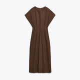 Bonnyshow  Elegant Women Short Sleeve Midi Dress New Spring Summer Sexy Round Neck Draped High Waist Robe Office Party Long Dresses