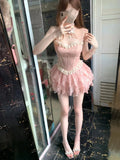 Bonnyshow  French Sweet Design Pink Slimming Fishbone Tube Top All-Match Lace Floral Short Gauze Skirt Two-Piece Set for Women Summer