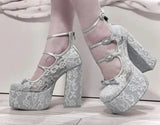 Bonnyshow  Red light Blue Floral Lace Small Bowtie Three Buckle Strap Lolita Pumps Super Platform Chunky High Heels Women Wedding shoes